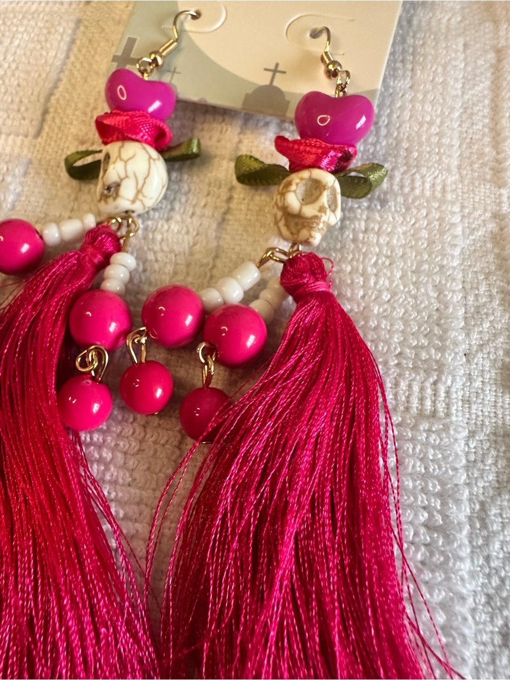 Hot Pink Tassel Drop Earrings with Beads
